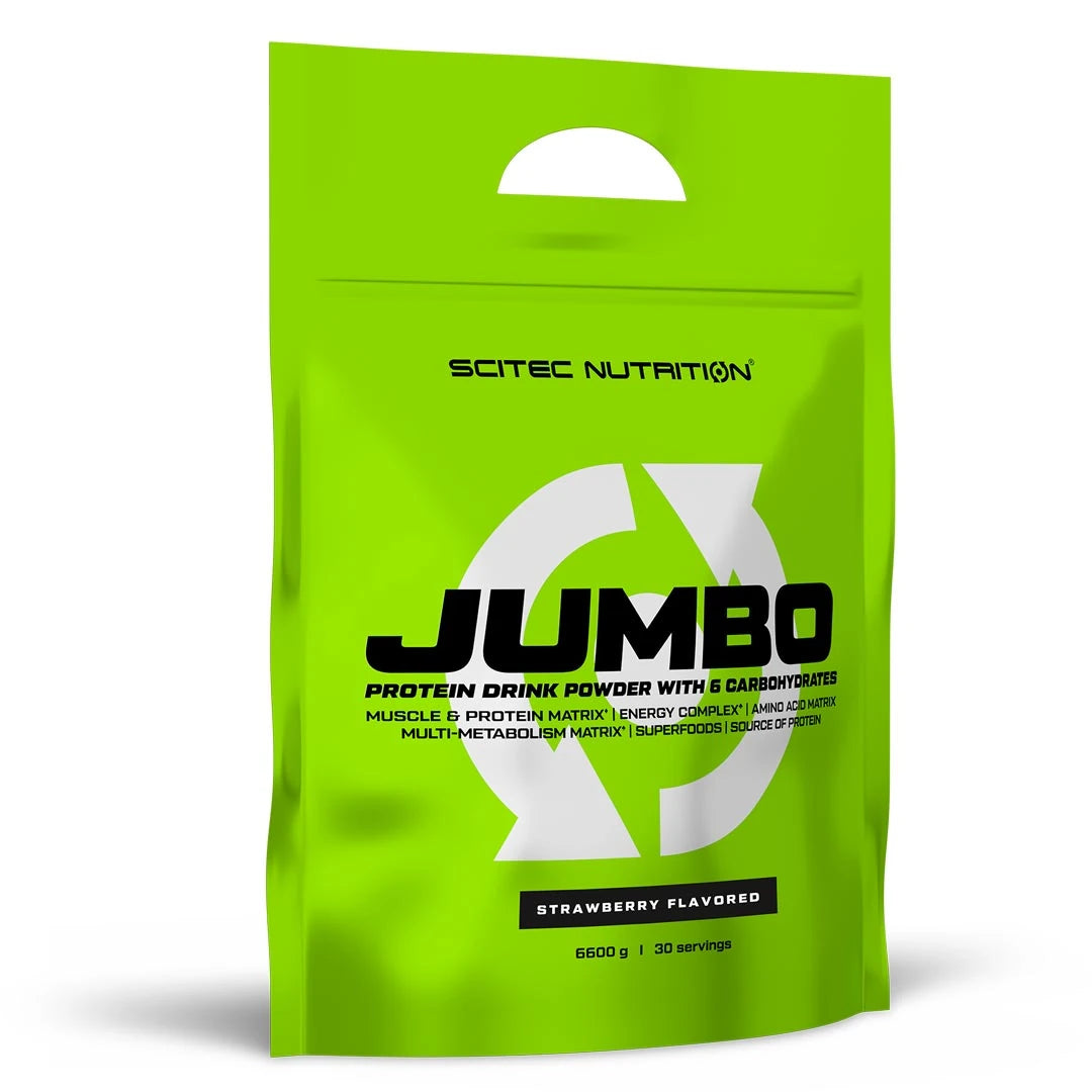 Scitec Nutrition Jumbo 6,6 kg -gainer kirkkaanvihreässä pussissa, makuna Strawberry., kuva 3/3