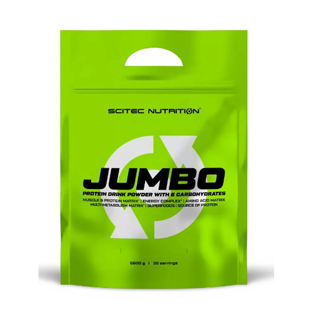 Scitec Nutrition Jumbo 6.6 kg -gainerjauhe limenvihreässä pussissa mustavalkoisin yksityiskohdin.