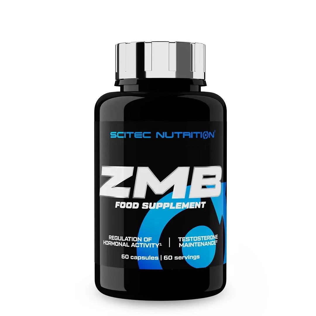 Scitec Nutrition ZMB6 60 caps -ravintolisä mustassa purkissa, jossa on sinivalkoisia yksityiskohtia ja hopeinen kansi.