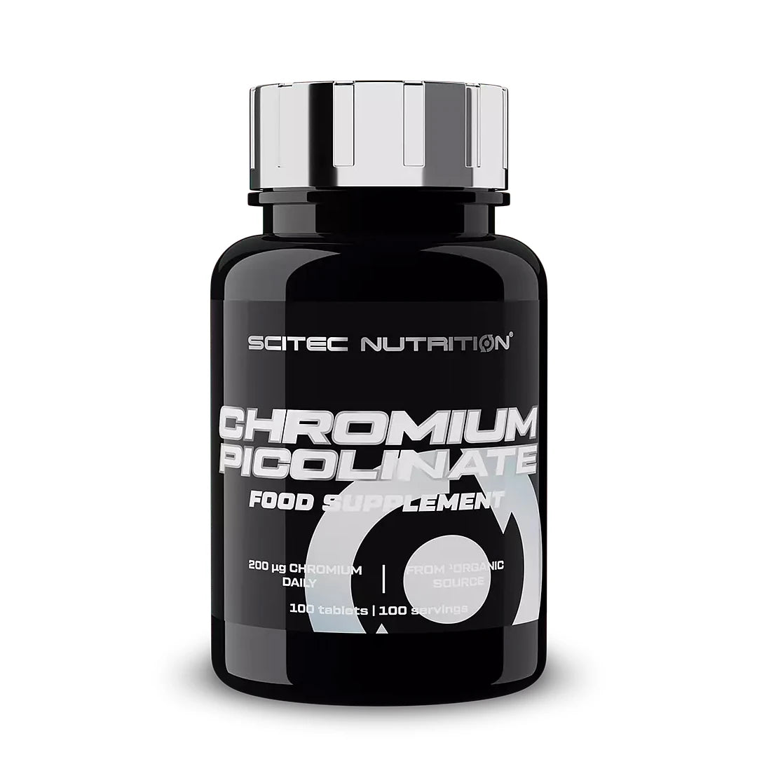 Scitec Nutrition Chromium Picolinate 100 tabs -ravintolisä mustassa muovipurkissa, jossa on hopeanvärinen kansi.