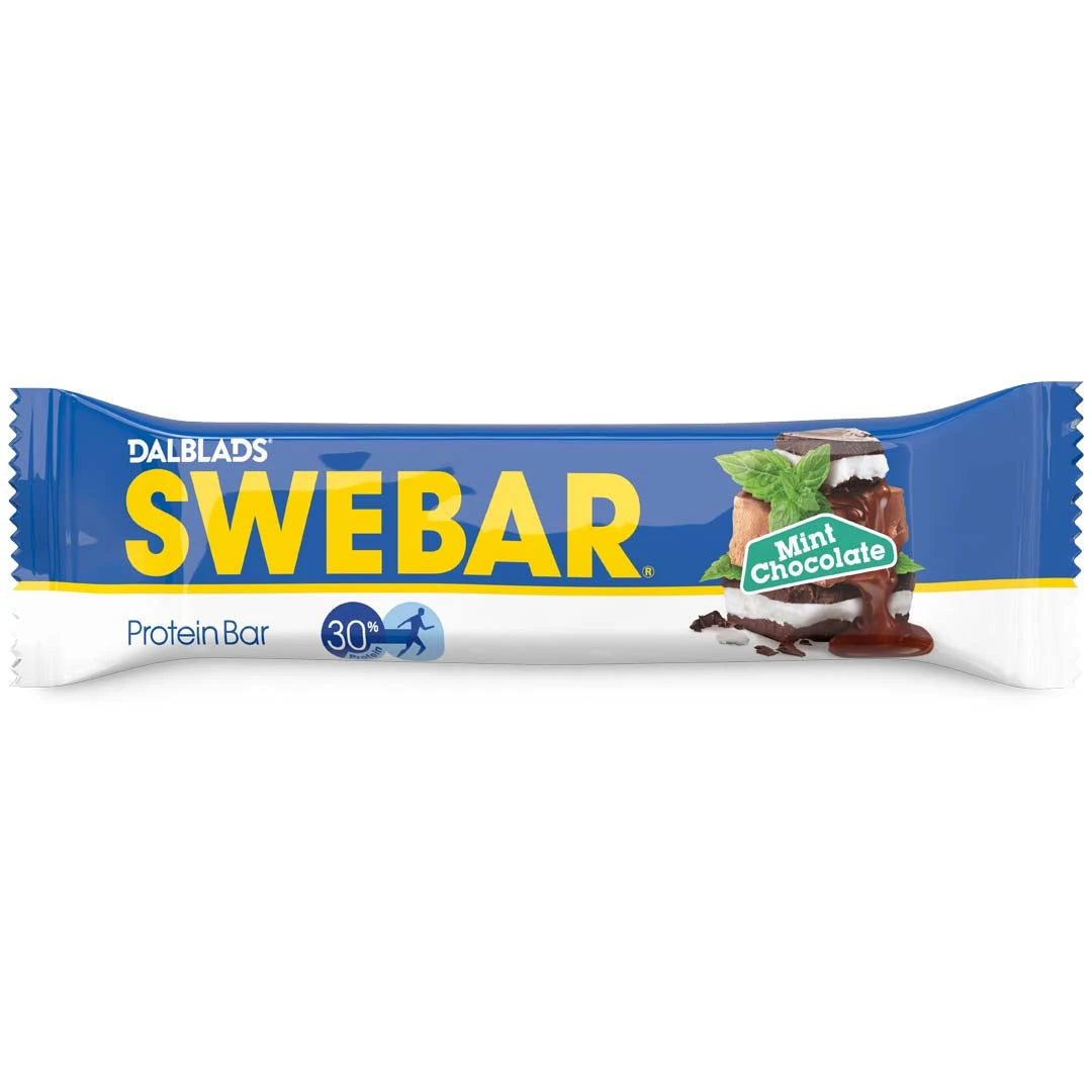 Dalblads Swebar 55 g -proteiinipatukka sinivalkoisessa pakkauksessa keltaisella tekstillä, makuna Mint Chocolate.