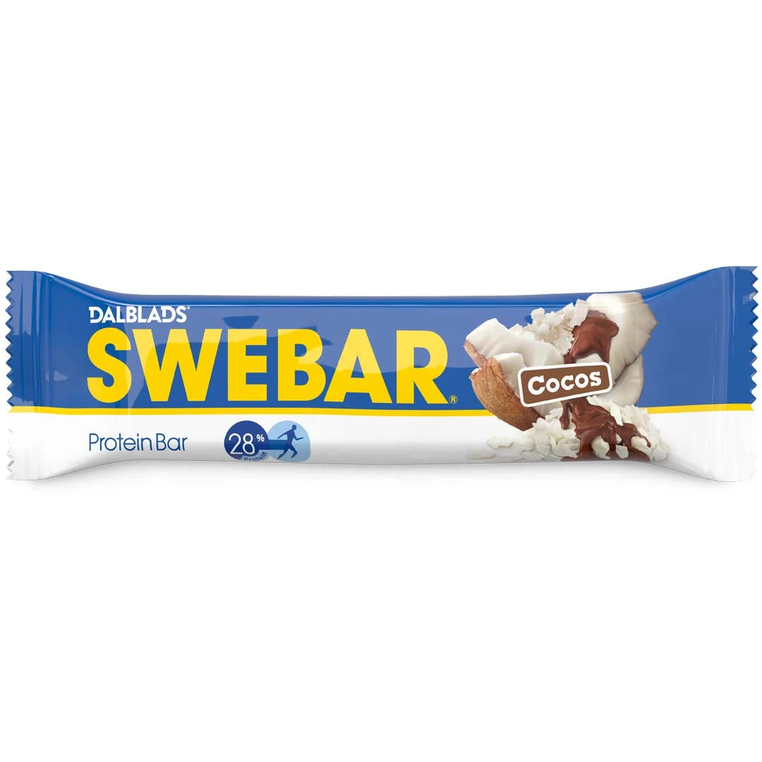 Dalblads Swebar 55 g -proteiinipatukka sinivalkoisessa pakkauksessa keltaisilla yksityiskohdilla, makuna Cocos., kuva 5/6
