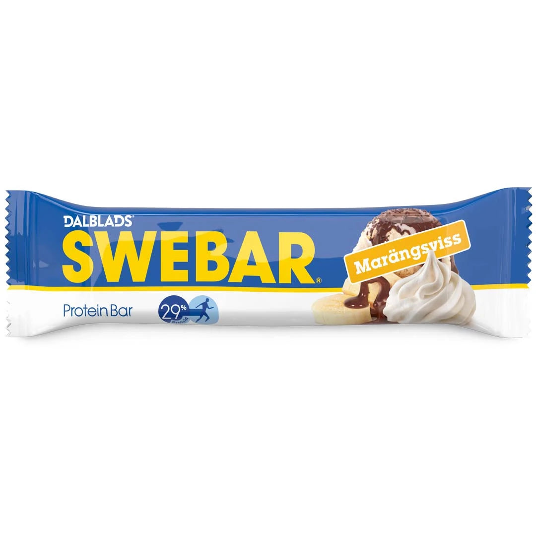Dalblads Swebar 55 g -proteiinipatukka sinivalkoisessa pakkauksessa, makuna Marängsviss.