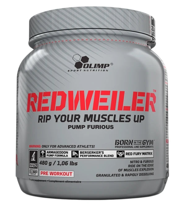 Olimp Redweiler 480 g pre-workout-jauhe harmaassa purkissa, jossa on punainen teksti ja mustia yksityiskohtia.