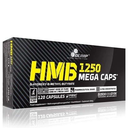 Olimp HMB Mega caps 120 caps -ravintolisä mustassa pakkauksessa, jossa on keltaisia ja valkoisia yksityiskohtia.