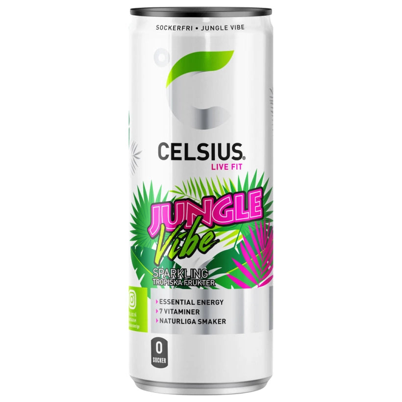 Celsius 355 ml energiajuoma valkoisessa alumiinitölkissä vihreillä ja pinkeillä palmunlehdillä, makuna Jungle Vibe.