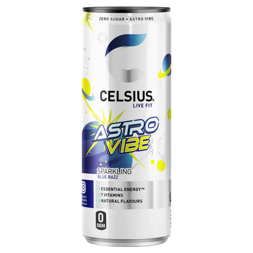 Celsius 355 ml -energiajuoma hopeisessa avaruusteemaisessa tölkissä, makuna Astro Vibe.
