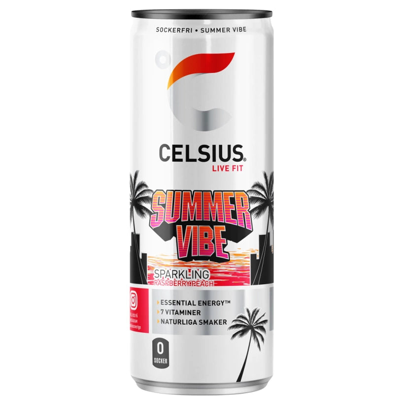 Celsius 355 ml -energiajuoma valkoisessa palmuilla koristellussa tölkissä, makuna Summer Vibe.