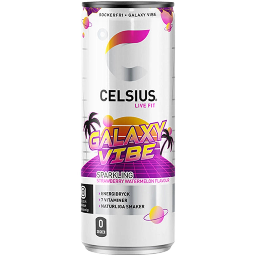 Celsius 355 ml Galaxy Vibe -energiajuomatölkki retrohenkisellä violetilla ja pinkillä designilla.