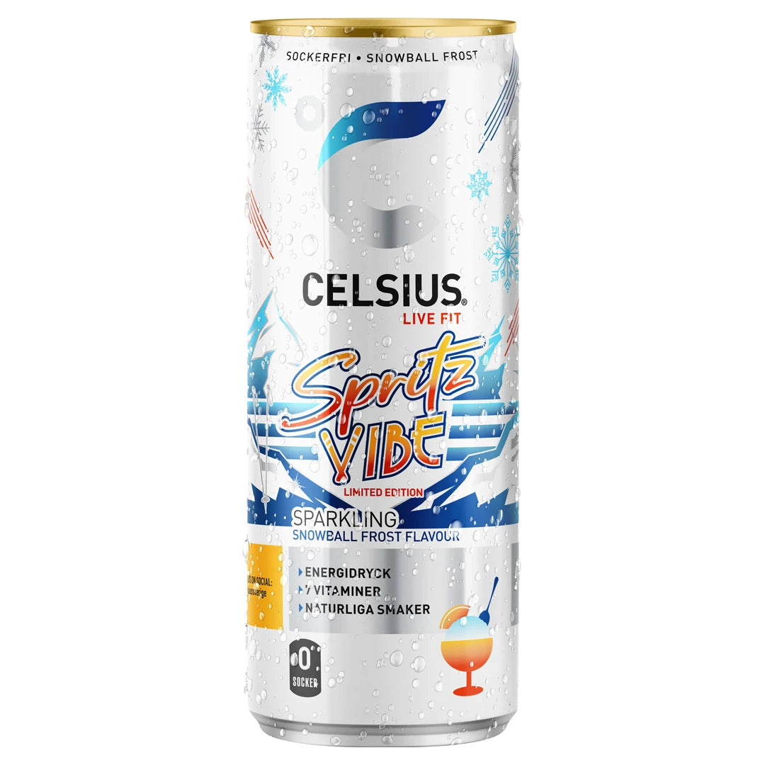 Celsius 355 ml -energiajuoma, Spritz Vibe Limited Edition, valkoisessa tölkissä sinisillä lumihiutaleilla.