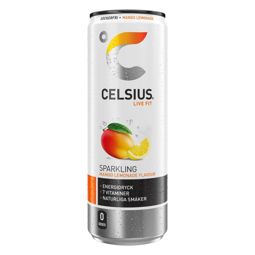 Celsius 355 ml -energiajuoma valkoisessa tölkissä mangokuvioinnilla, makuna Mango Lemonade.