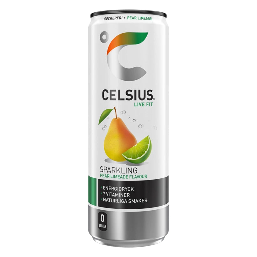 Celsius 355 ml -energiajuoma valkoisessa ja hopeisessa tölkissä, makuna Pear Limeade, koristeltu päärynällä ja limellä.