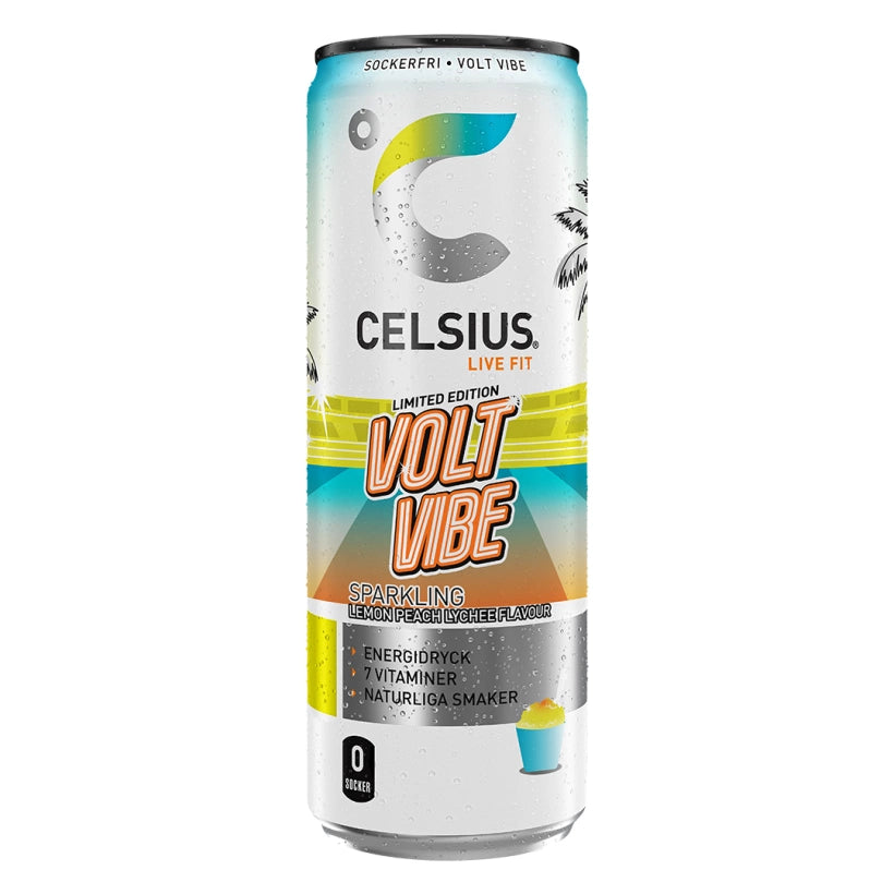 Valkoinen Celsius 355 ml -energiajuomatölkki värikkäillä yksityiskohdilla, makuna Volt Vibe.