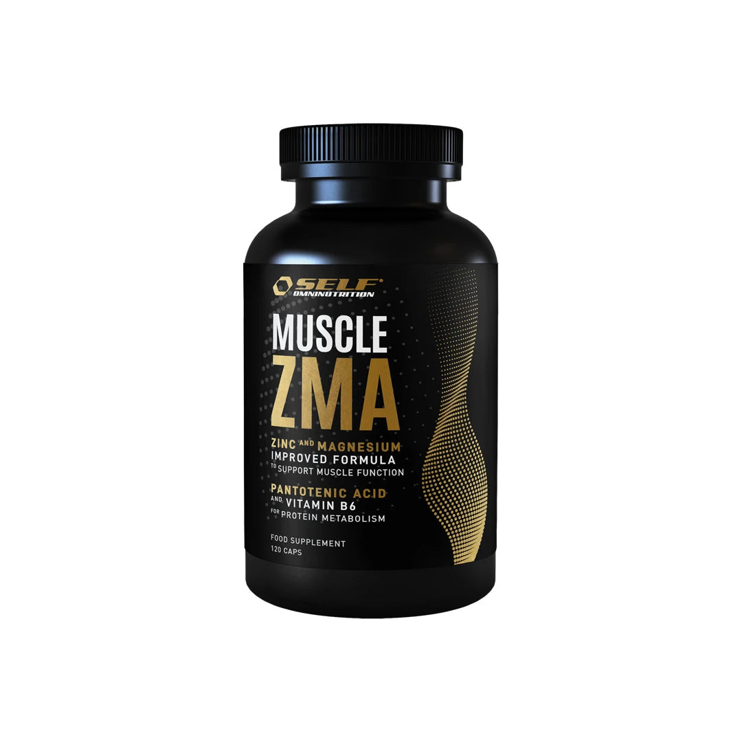 Musta muovipurkki kultaisilla ja valkoisilla yksityiskohdilla: Self Omninutrition Muscle ZMA 120 caps -ravintolisä.