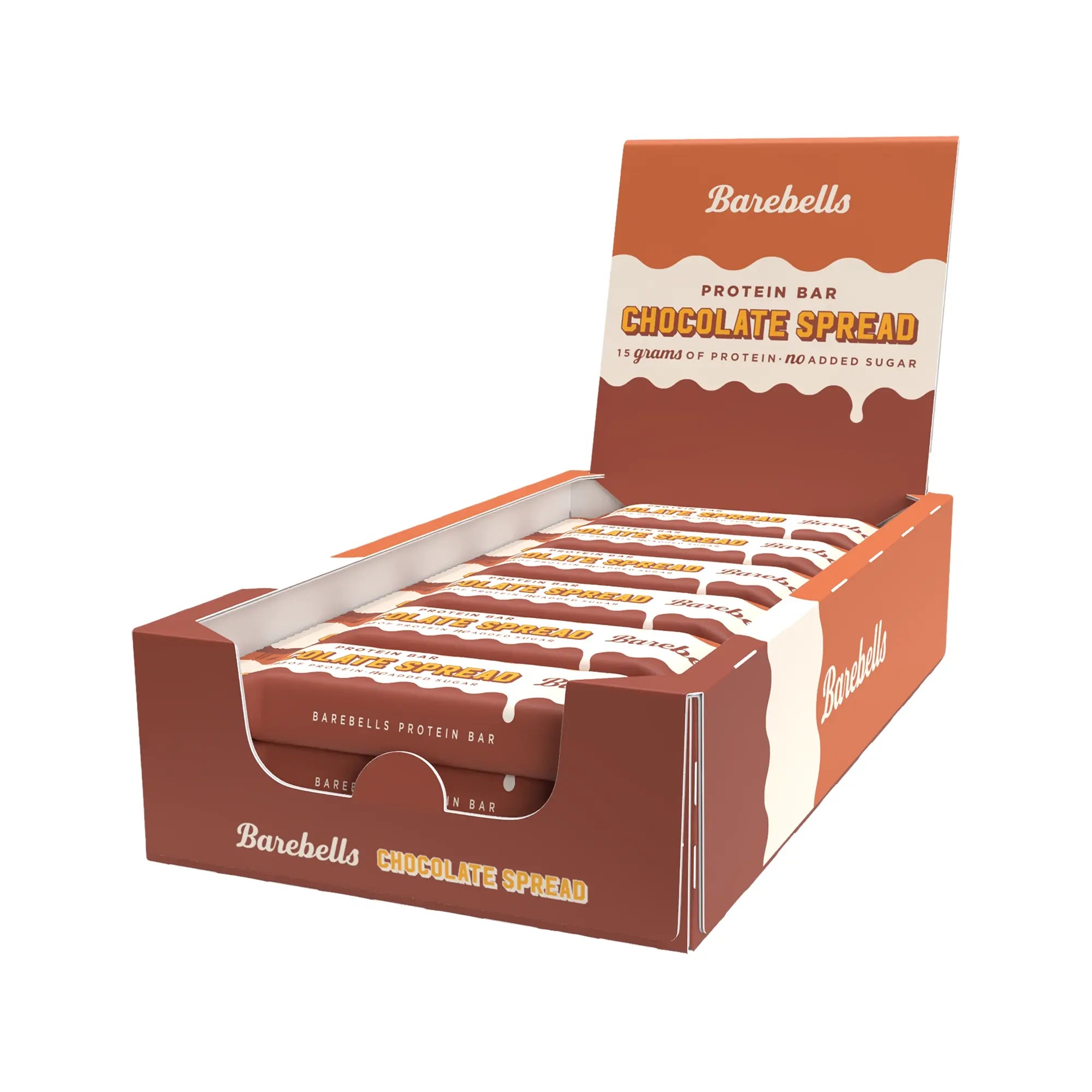 Barebells Protein Bar Spread 45 g Chocolate Spread ruskeassa ja oranssissa esittelylaatikossa, jossa on 12 proteiinipatukkaa., kuva 1/1