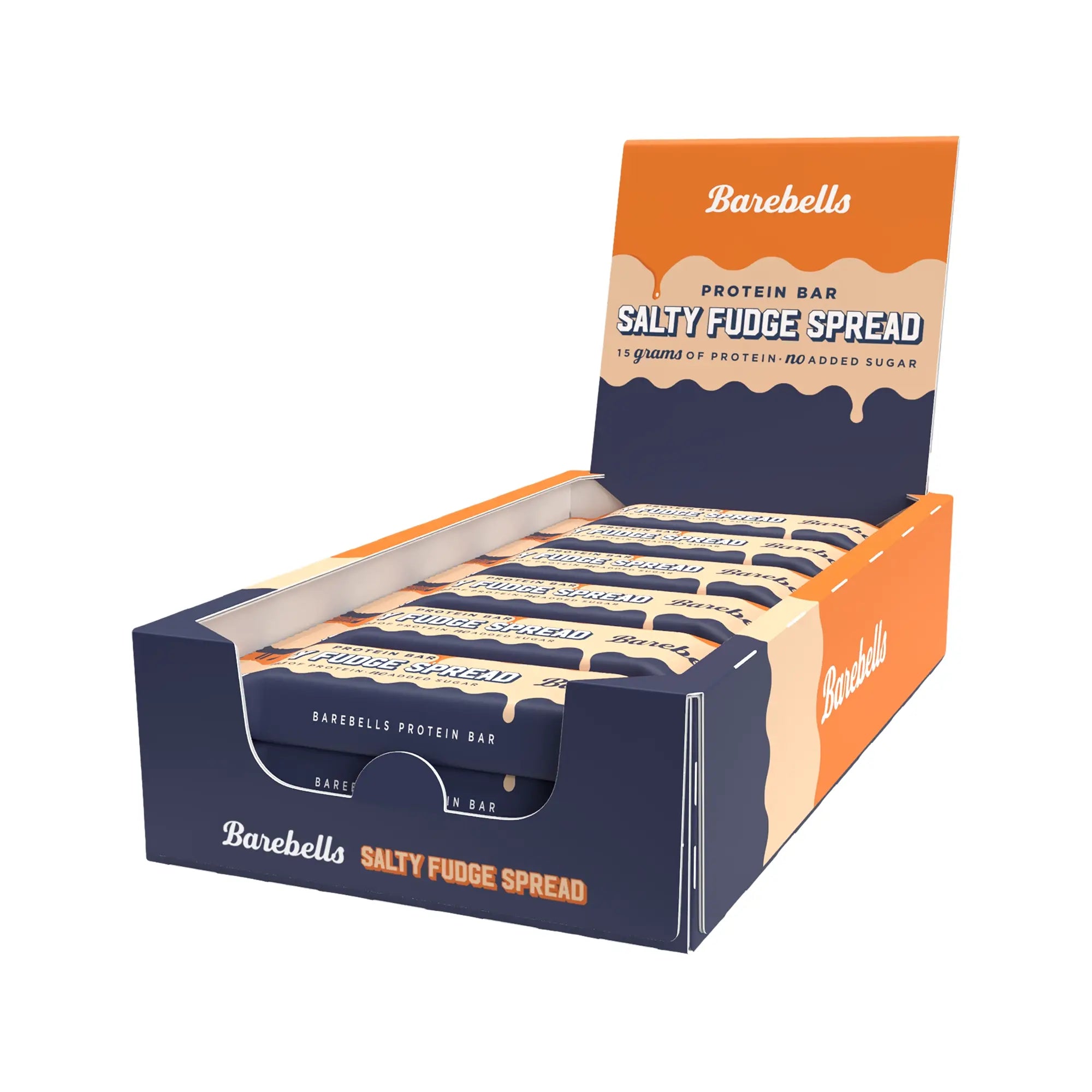 Barebells Protein Bar Spread 45 g Salty Fudge Spread 12-pack tummansinisessä ja oranssissa myyntilaatikossa., kuva 1/1