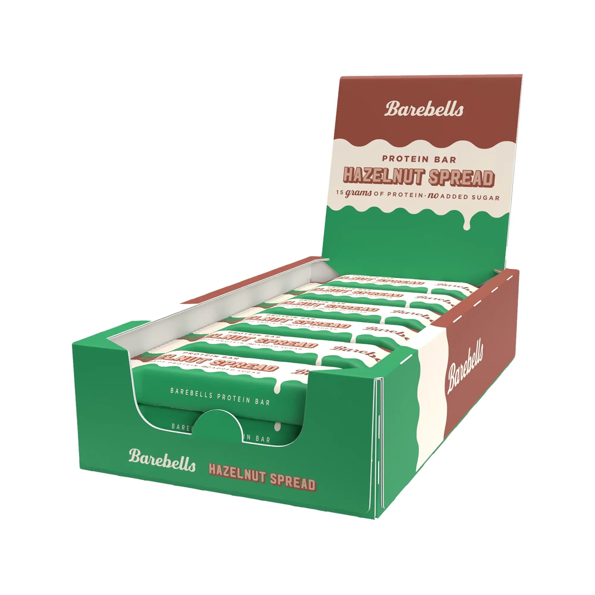 12 x Barebells Protein Bar Spread 45 g Hazelnut Spread vihreässä ja ruskeassa esittelylaatikossa., kuva 1/1