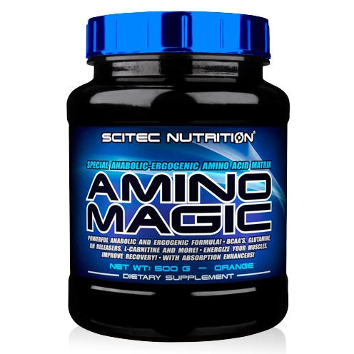 Scitec Nutrition Amino Magic 500 g -aminohappojauhe mustassa purkissa, jossa on sininen kansi ja etiketti, makuna Orange.