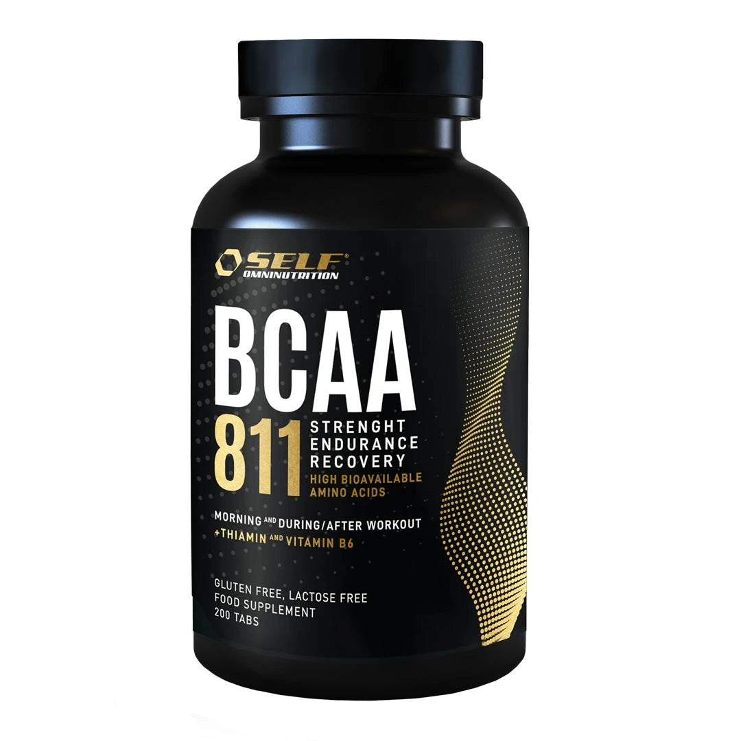 Musta purkki Self Omninutrition Essential BCAA 811 200 tabs -ravintolisää valkoisilla kirjaimilla ja kultayksityiskohdilla.