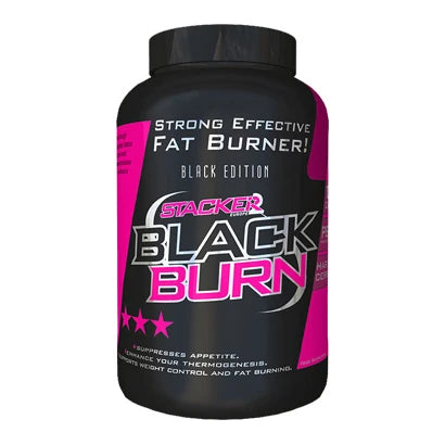 Musta purkki vaaleanpunaisilla ja hopeisilla yksityiskohdilla Stacker2 Black Burn 120 caps -rasvanpolttajaa.