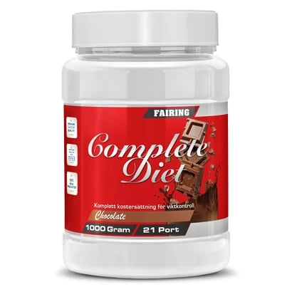 Suklaanmakuinen Fairing Complete Diet New Formula 1 kg -ateriankorvike valkoisessa purkissa punaisella etiketillä.