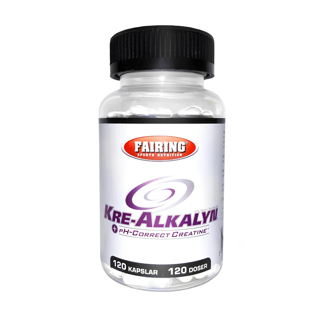 Fairing Kre-Alkalyn 120 caps -kreatiinikapselit läpinäkyvässä purkissa, jossa on musta kansi ja valkoinen etiketti.