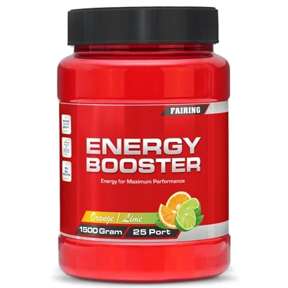 Fairing Energy Booster 1.5 kg -urheilujuoma punaisessa mustakantisessa purkissa, makuna Orange Lime.