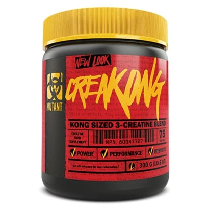 Musta purkki keltaisella kannella ja punakeltaisella etiketillä, sisältönä Mutant Creakong 300 g -kreatiinisekoitus.