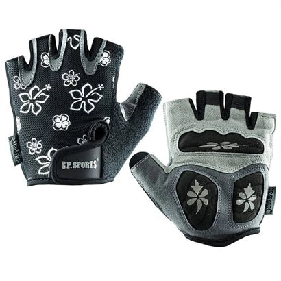 C.P. Sports Lady Fitness Glove Black/Grey -treenihanskat, musta kukkakuvioitu päällyspuoli ja harmaa pehmustettu kämmen.