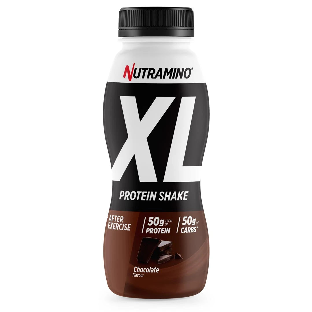 Nutramino Protein XL Shake 475 ml valmis proteiinipirtelö musta-valko-ruskeassa pullossa, makuna suklaa., kuva 1/2
