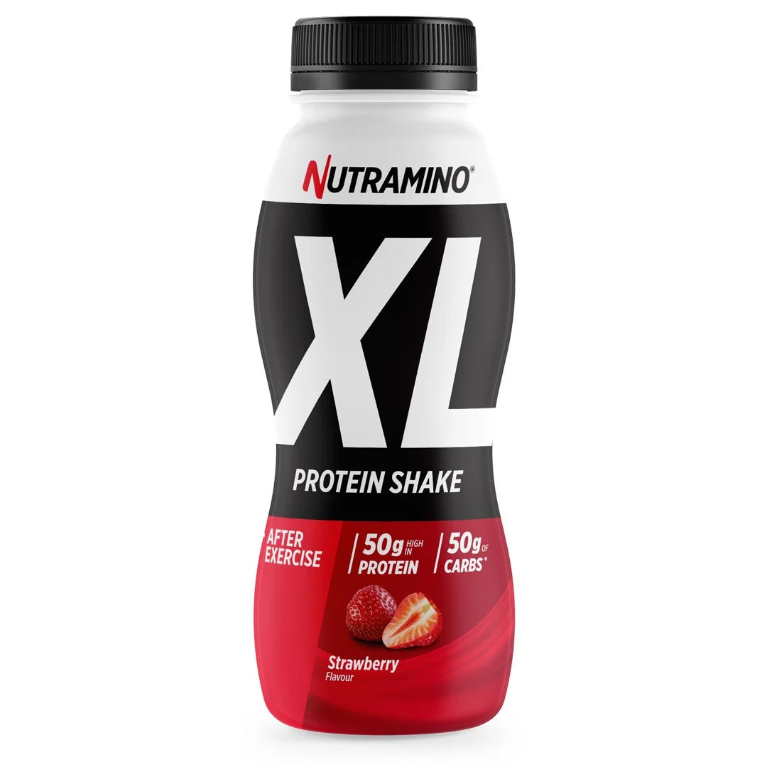 Nutramino Protein XL Shake 475 ml -proteiinipirtelö musta-valko-punaisessa pullossa, makuna mansikka., kuva 2/2
