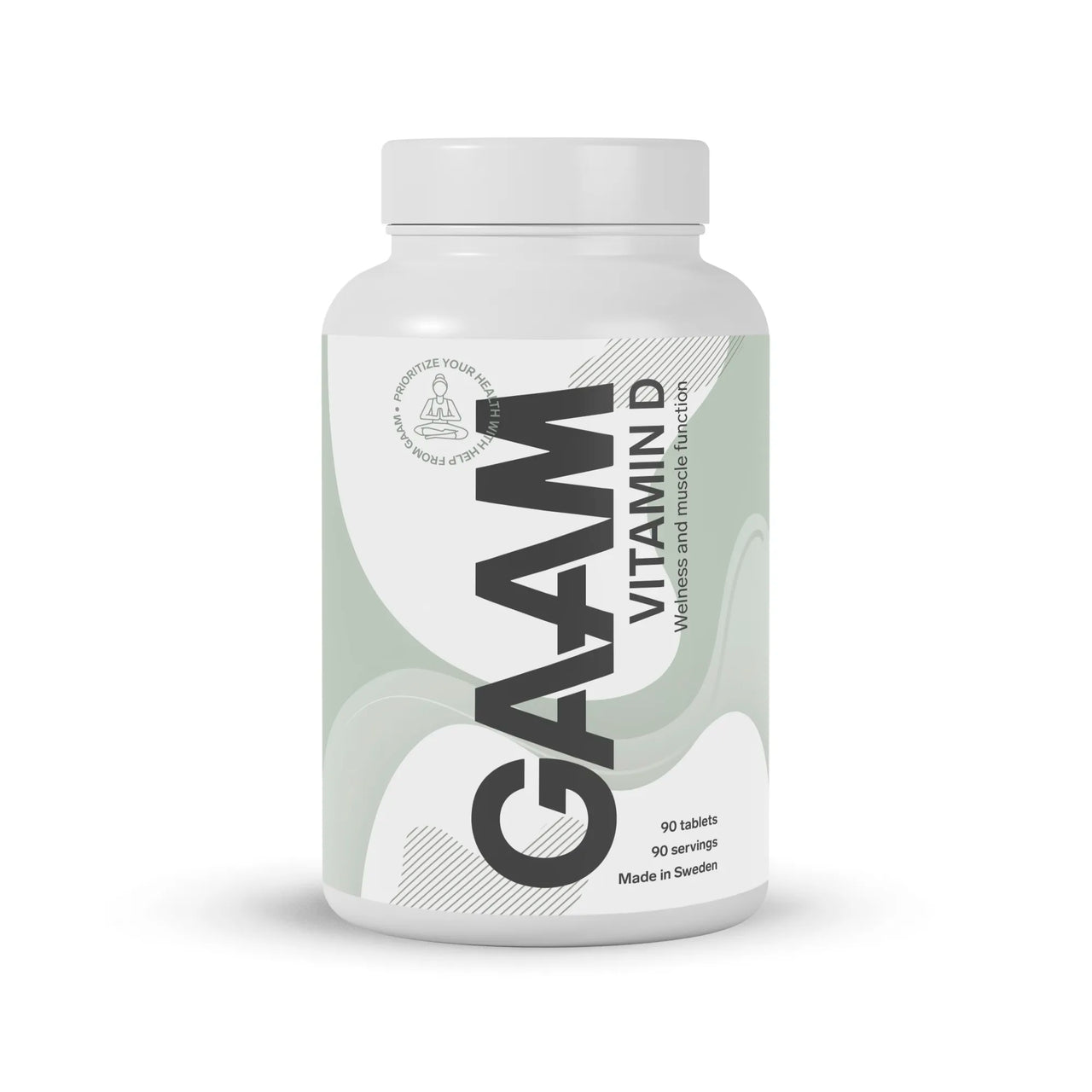 GAAM Vitamin-D 90 tabs -ravintolisä valkoisessa purkissa vaaleanvihreillä yksityiskohdilla.
