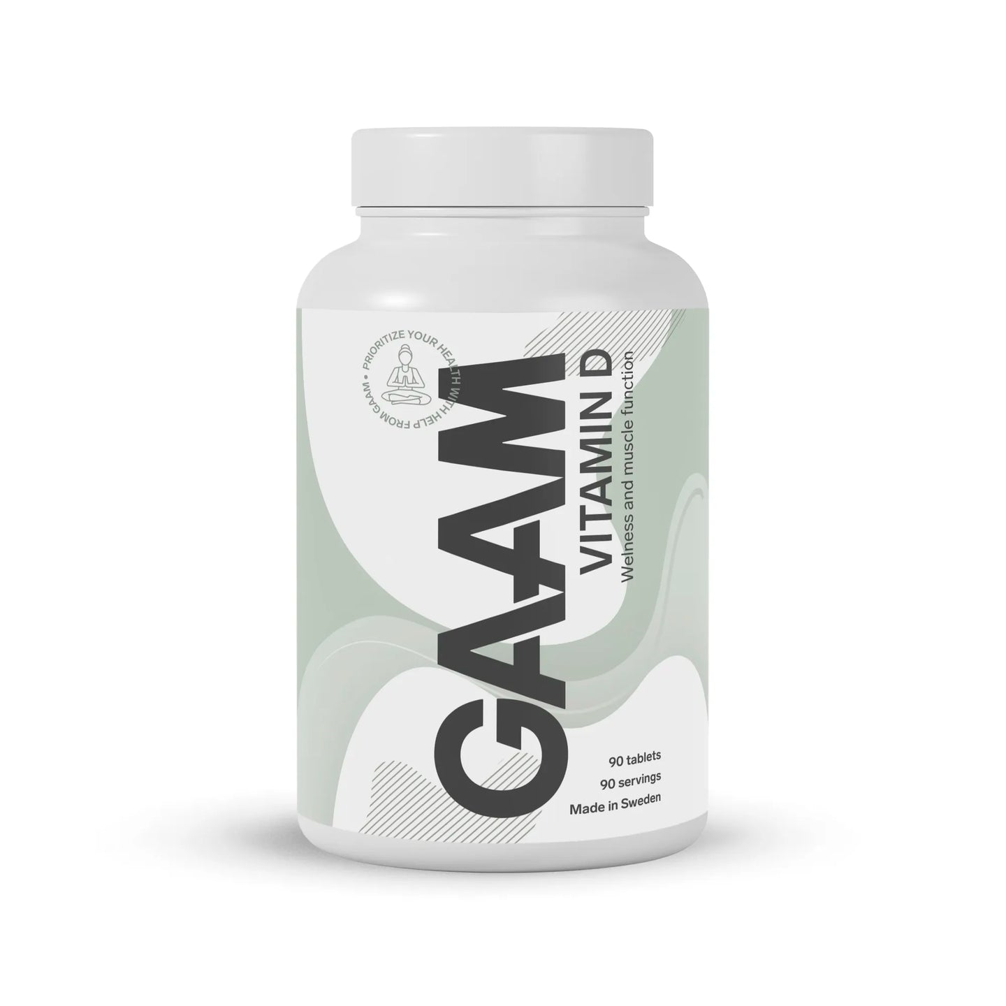 GAAM Vitamin-D 90 tabs -ravintolisä valkoisessa purkissa vaaleanvihreillä yksityiskohdilla.