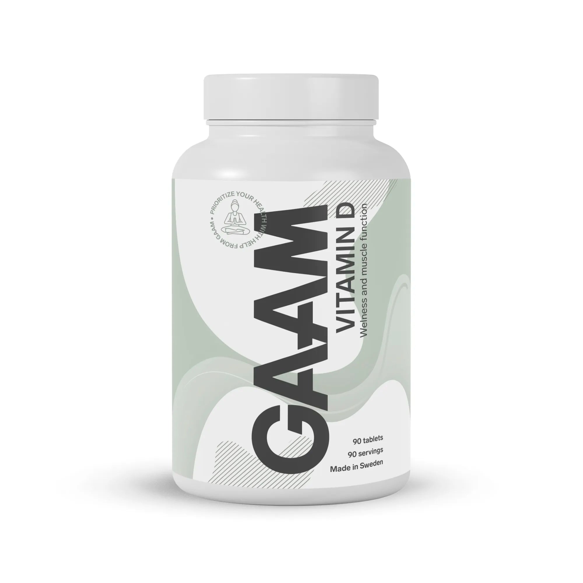 GAAM Vitamin-D 90 tabs -ravintolisä valkoisessa purkissa vaaleanvihreillä yksityiskohdilla.