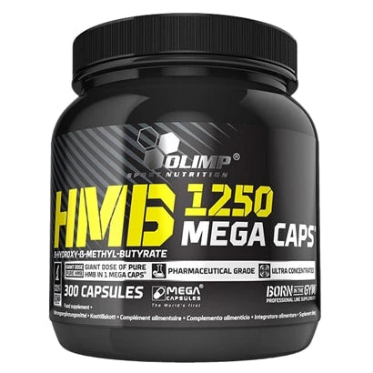 Olimp HMB Mega caps 300 caps -ravintolisä mustassa purkissa keltaisella ja valkoisella tekstillä.