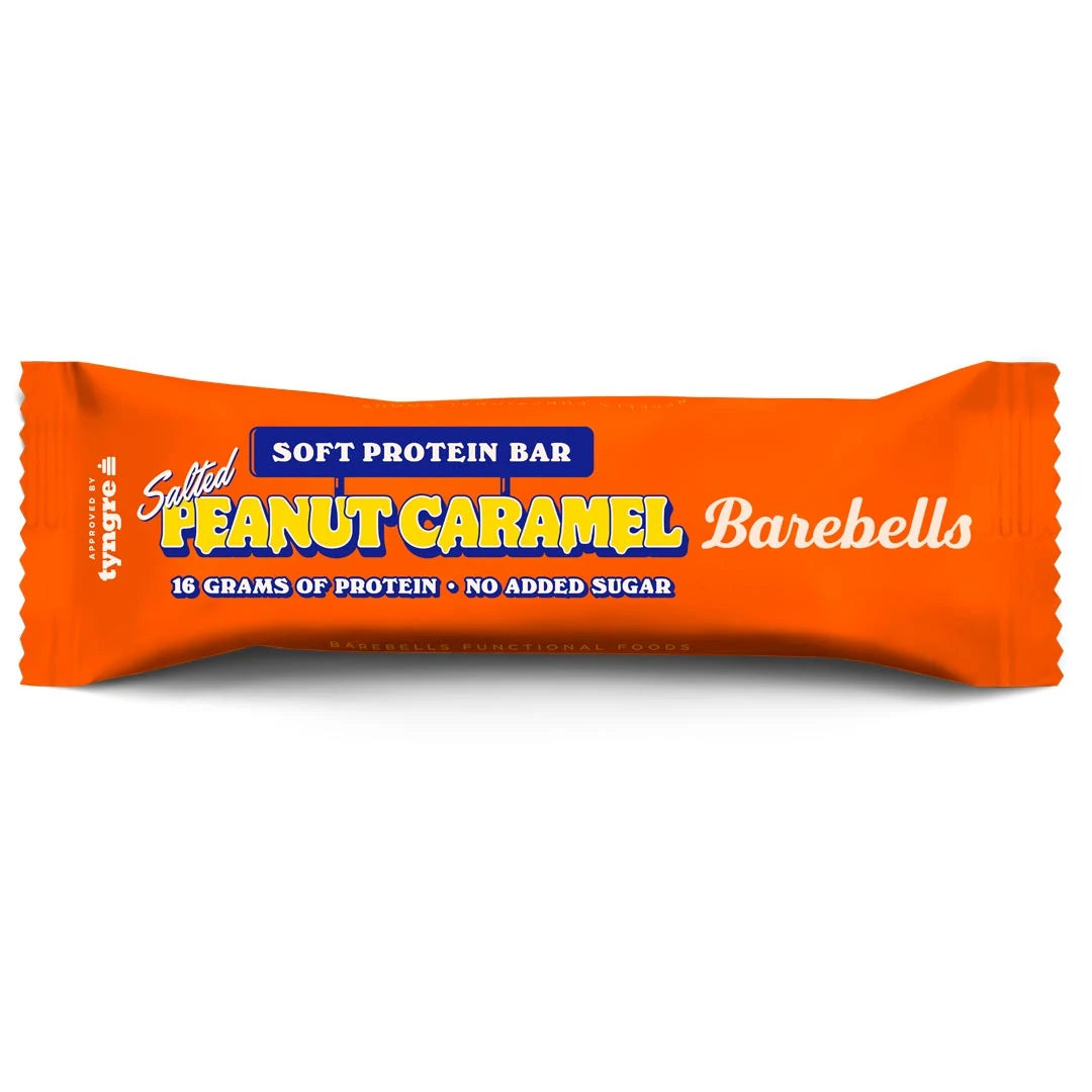 Barebells Soft protein bar 55 g oranssissa pakkauksessa sinisellä tekstillä, makuna Salted Peanut Caramel., kuva 4/19