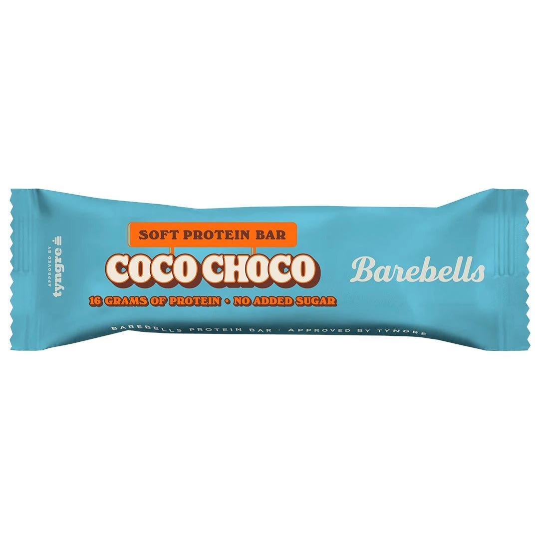 Barebells Soft protein bar 55 g vaaleansinisessä pakkauksessa oransseilla yksityiskohdilla, makuna Coco Choco., kuva 7/19