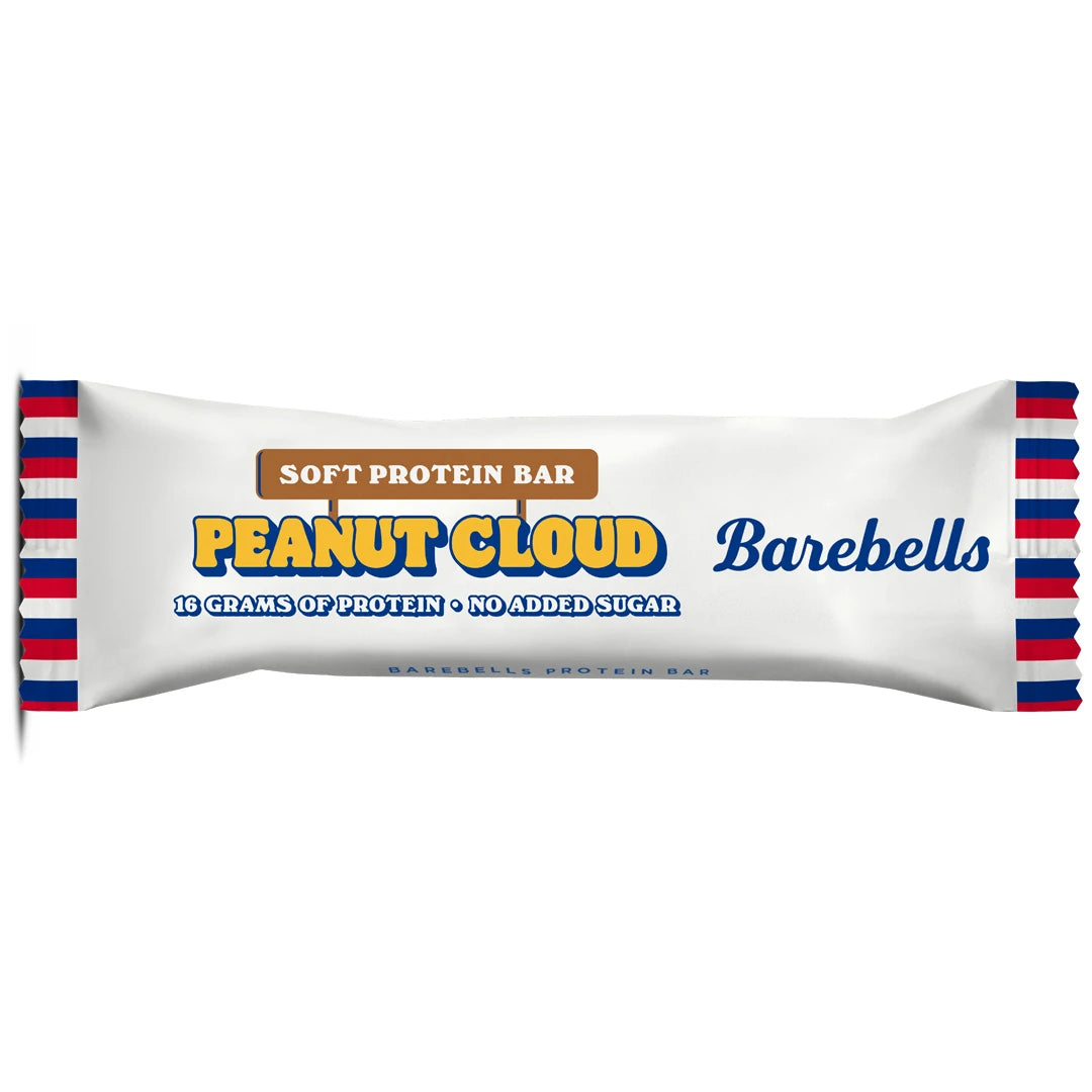 Barebells Soft protein bar 55 g valkoisessa pakkauksessa, jossa on puna-siniraidalliset reunat, makuna Peanut Cloud., kuva 16/19