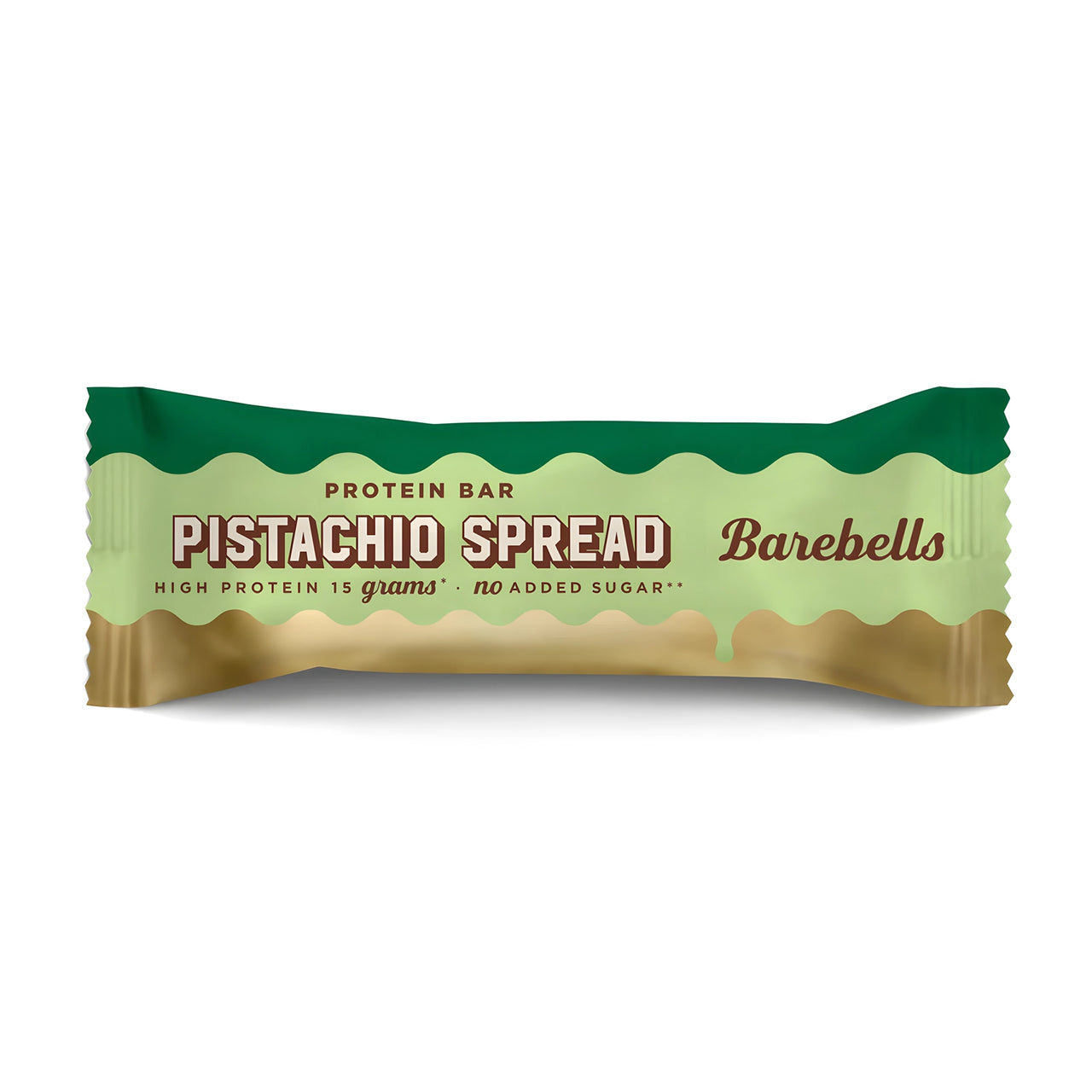 Barebells Soft Protein Bar 45 g vaaleanvihreässä pakkauksessa tummanvihreillä ja ruskeilla yksityiskohdilla, makuna Pistachio Spread.