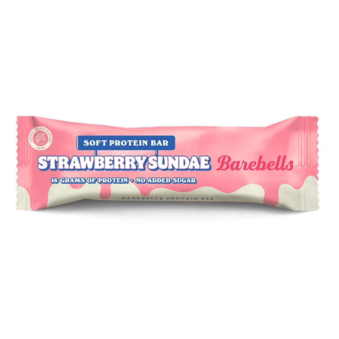 Barebells Soft protein bar 55 g vaaleanpunaisessa ja valkoisessa pakkauksessa, makuna Strawberry Sundae., kuva 17/19