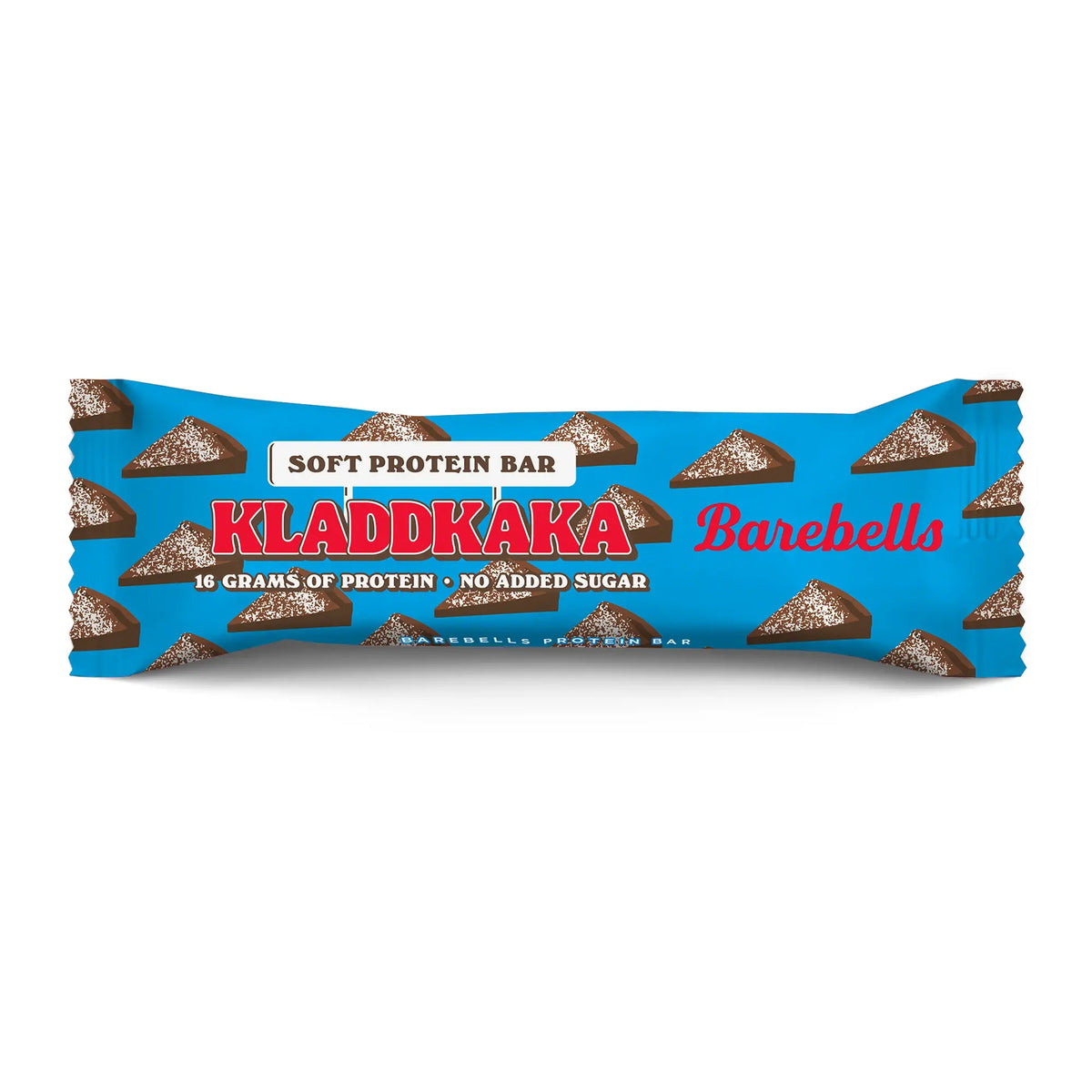 Barebells Soft Protein Bar 45 g sinisessä pakkauksessa, jossa on mutakakkupalojen kuviointi, makuna Kladdkaka., kuva 4/4