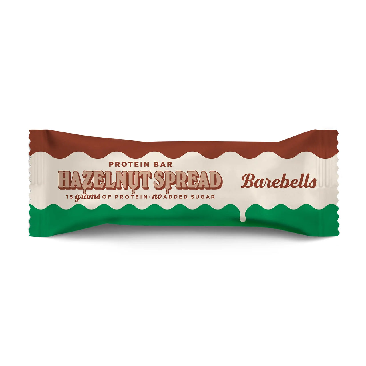 Barebells Protein Bar Spread 45 g ruskeassa, valkoisessa ja vihreässä pakkauksessa, makuna Hazelnut Spread.