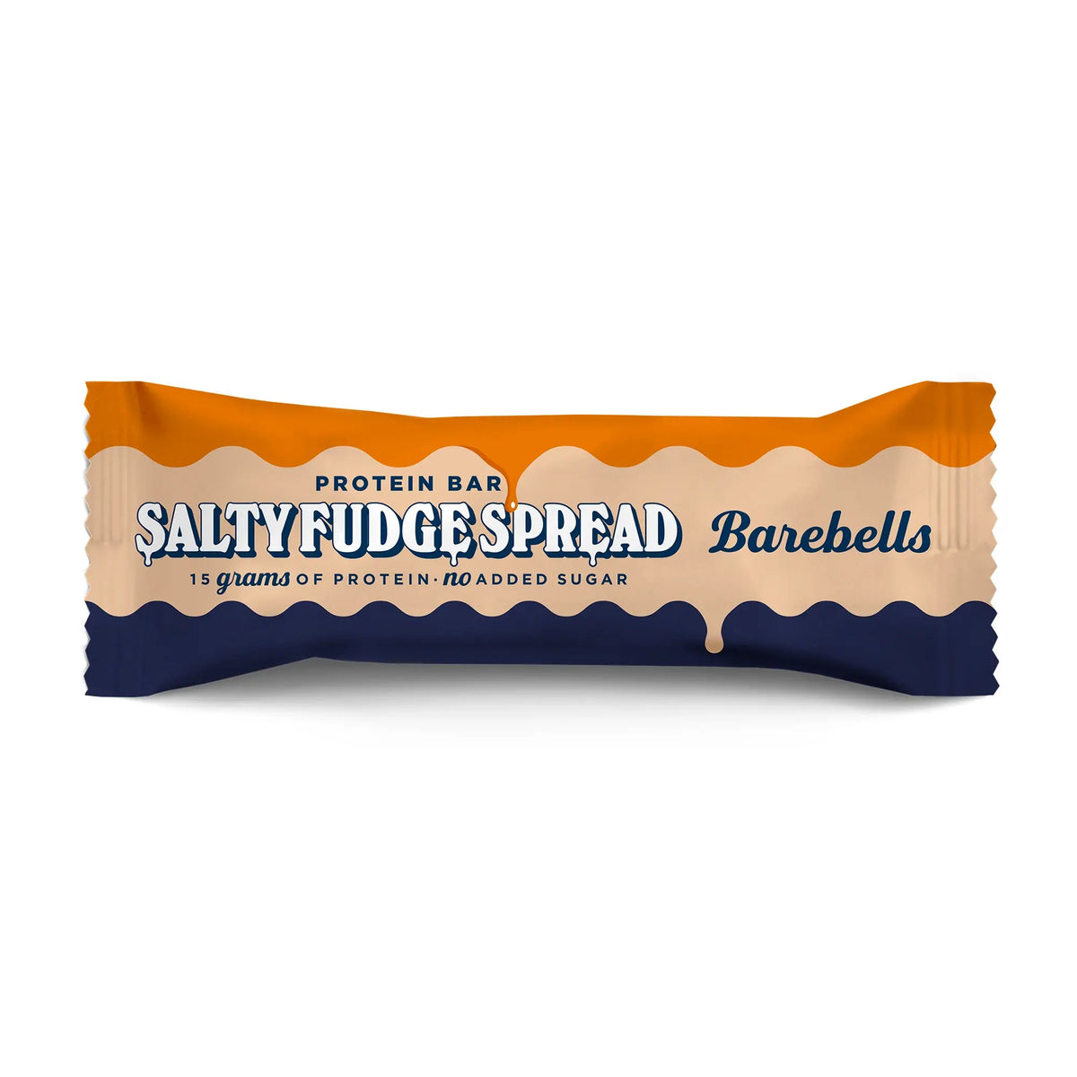 Barebells Protein Bar Spread 45 g oranssissa, beigessä ja tummansinisessä pakkauksessa, makuna Salty Fudge Spread., kuva 3/4