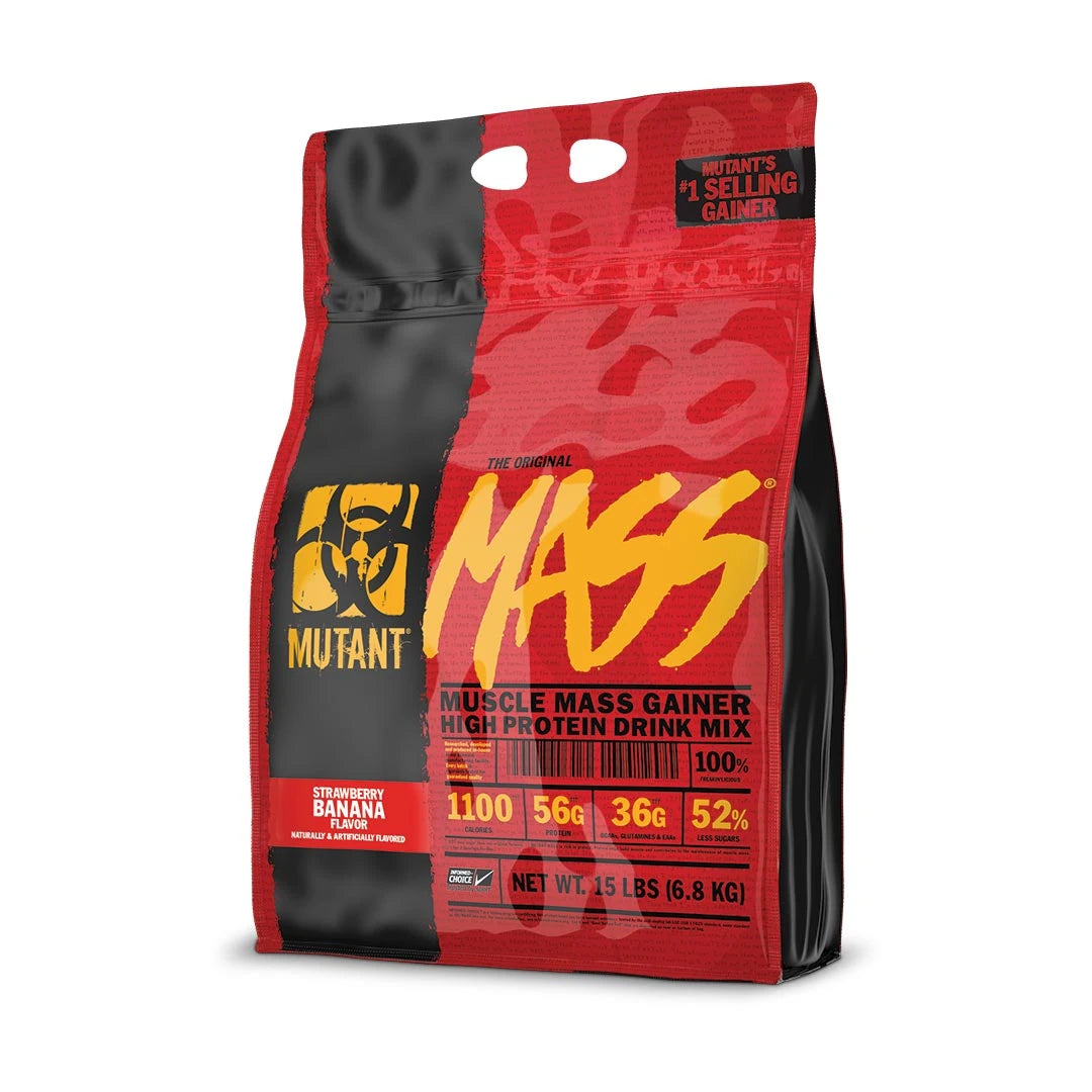 Mutant Mass 6,8 kg -gainer punaisessa ja mustassa pussissa keltaisilla yksityiskohdilla, makuna Strawberry Banana.