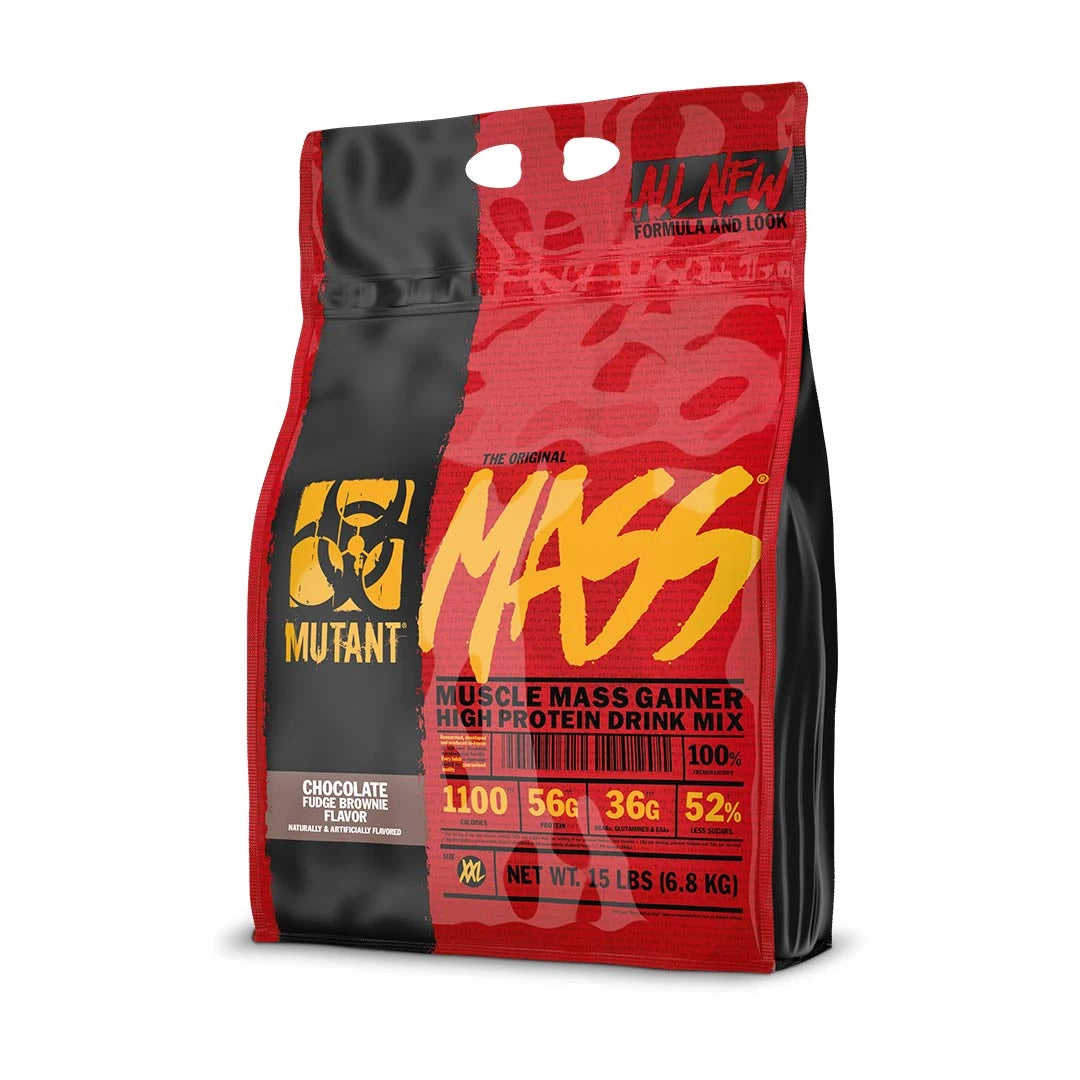 Mutant Mass 6,8 kg -gainer punaisessa ja mustassa pussissa, makuna Chocolate Fudge Brownie., kuva 3/4