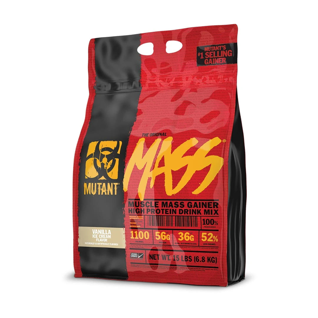 Mutant Mass 6,8 kg -gainer punaisessa ja mustassa pussissa keltaisin yksityiskohdin, makuna Vanilla Ice Cream.