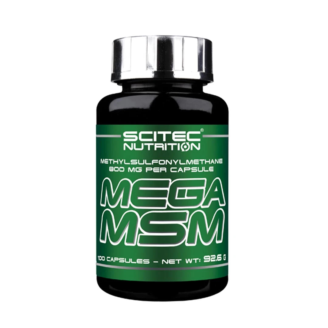 Vihreäetikettinen musta purkki nivelille tarkoitettua Scitec Nutrition Mega MSM 100 caps -ravintolisää.