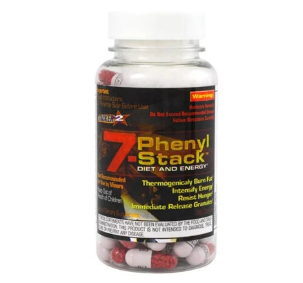 Stacker2 7-Phenyl Stack 100 caps -rasvanpolttaja läpinäkyvässä, mustaetikettisessä purkissa punavalkoisilla kapseleilla.