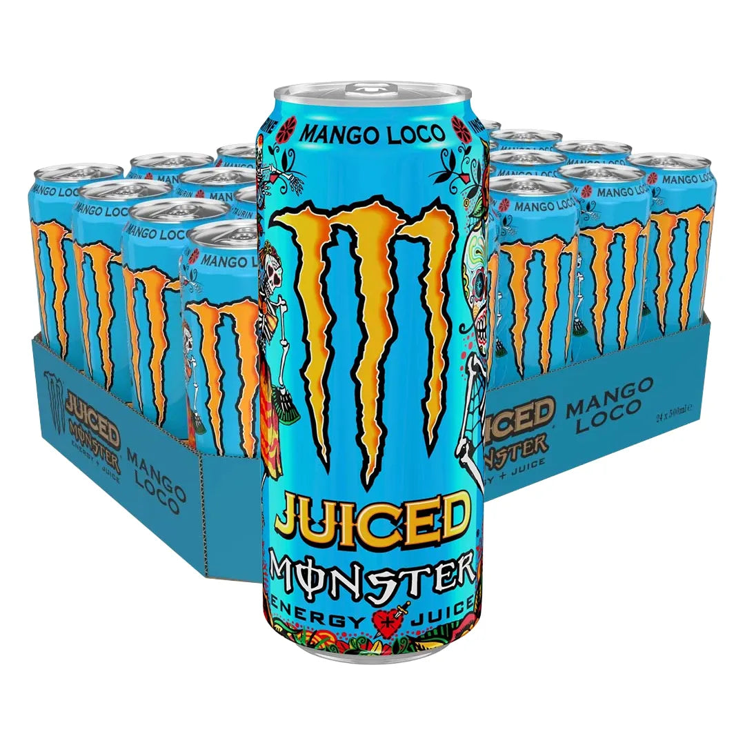 24 x Monster Energy 500 ml Mango Loco -lava vaaleansinisillä tölkeillä, joissa on keltaisia yksityiskohtia ja pääkallokuvio.