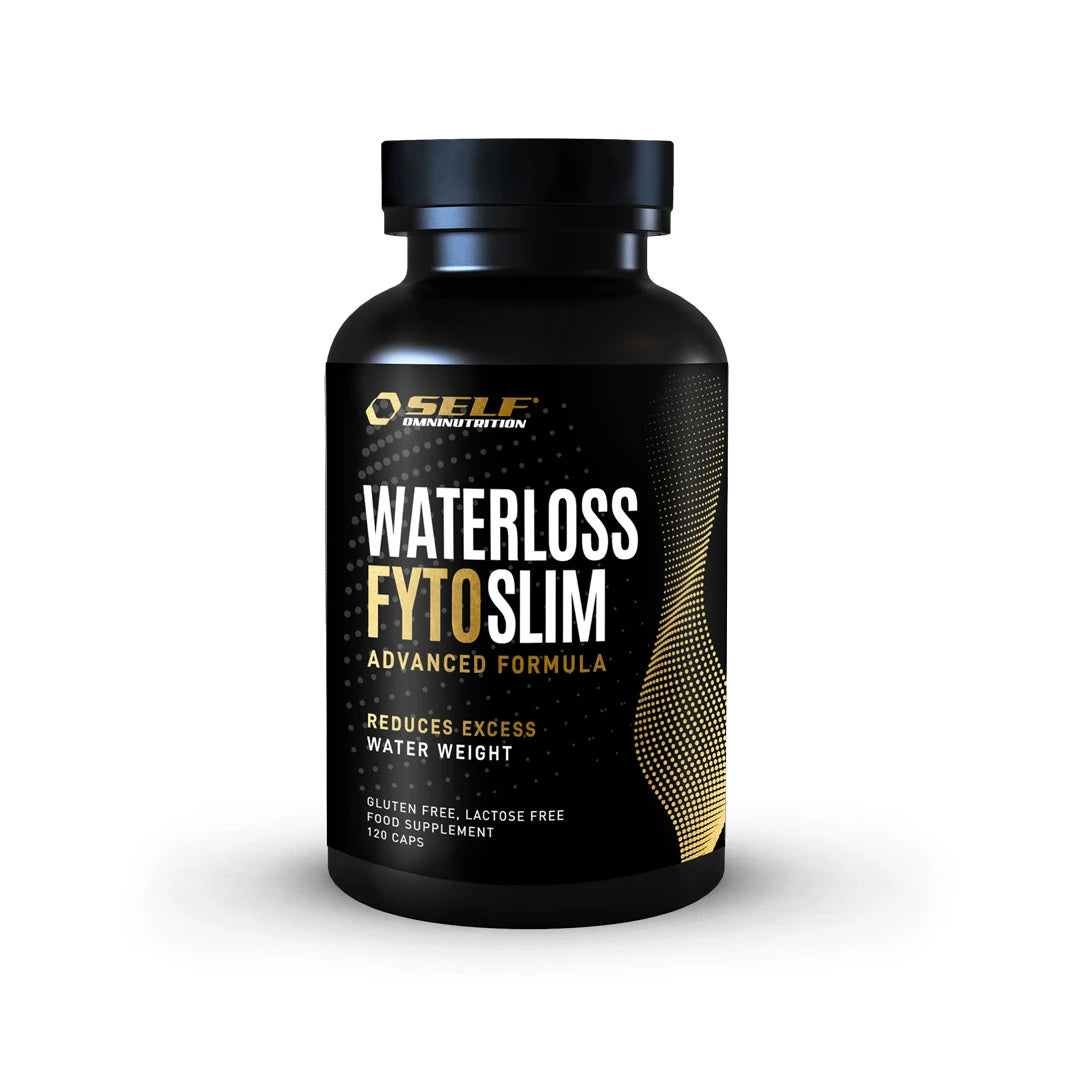 Self Omninutrition Waterloss 120 caps nesteenpoistava ravintolisä mustassa purkissa valkoisilla ja kultaisilla yksityiskohdilla.